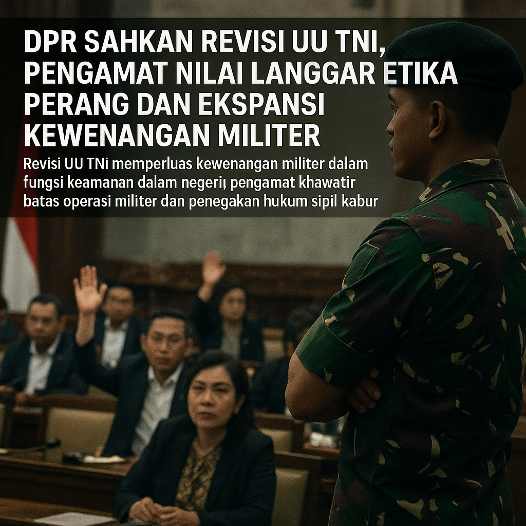 DPR Sahkan Revisi UU TNI, Pengamat Nilai Langgar Etika Perang dan Ekspansi Kewenangan Militer